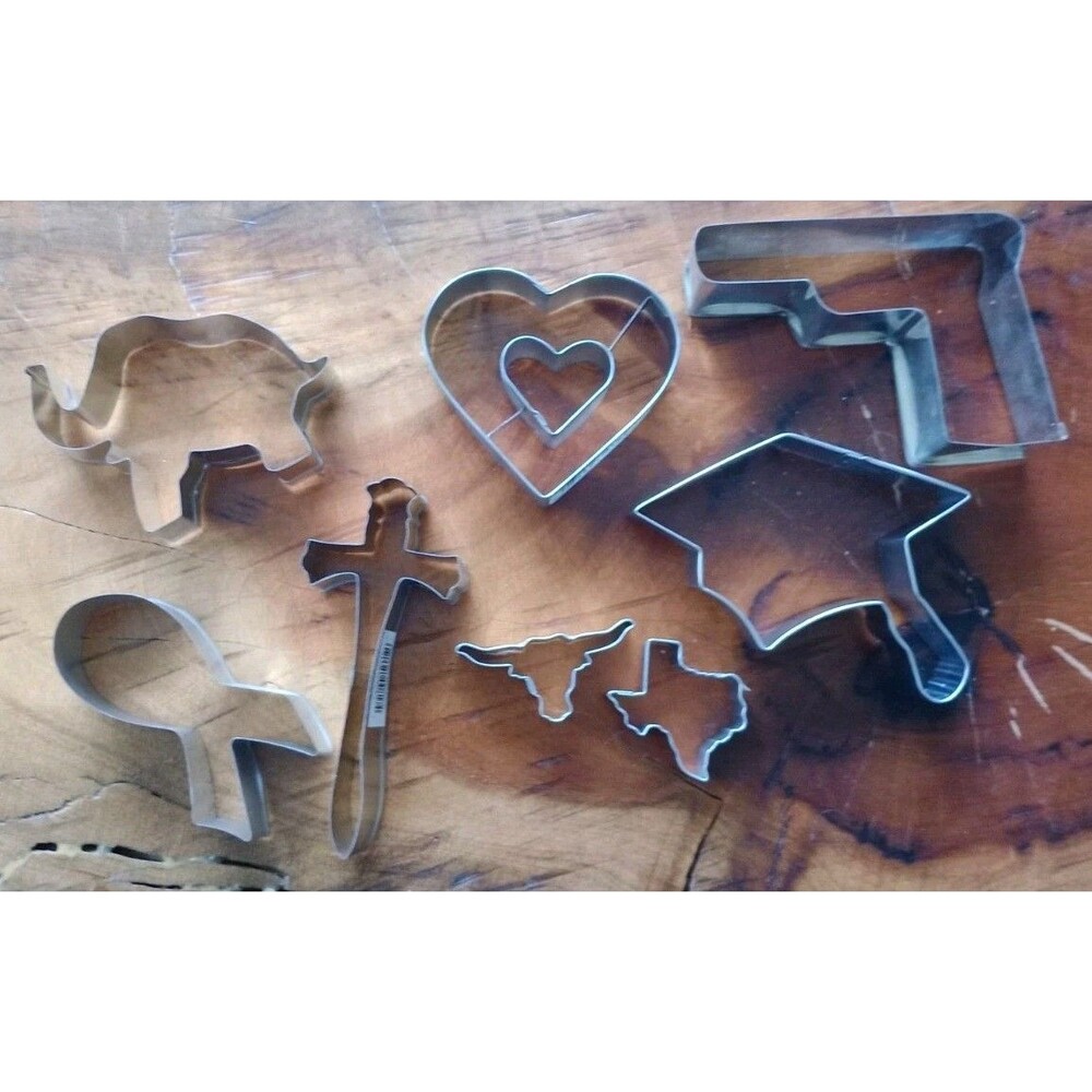 Lot of 8 Metal Cookie Cutters For Baking, Crafts, Resin Art, Gun Elephant Cross
